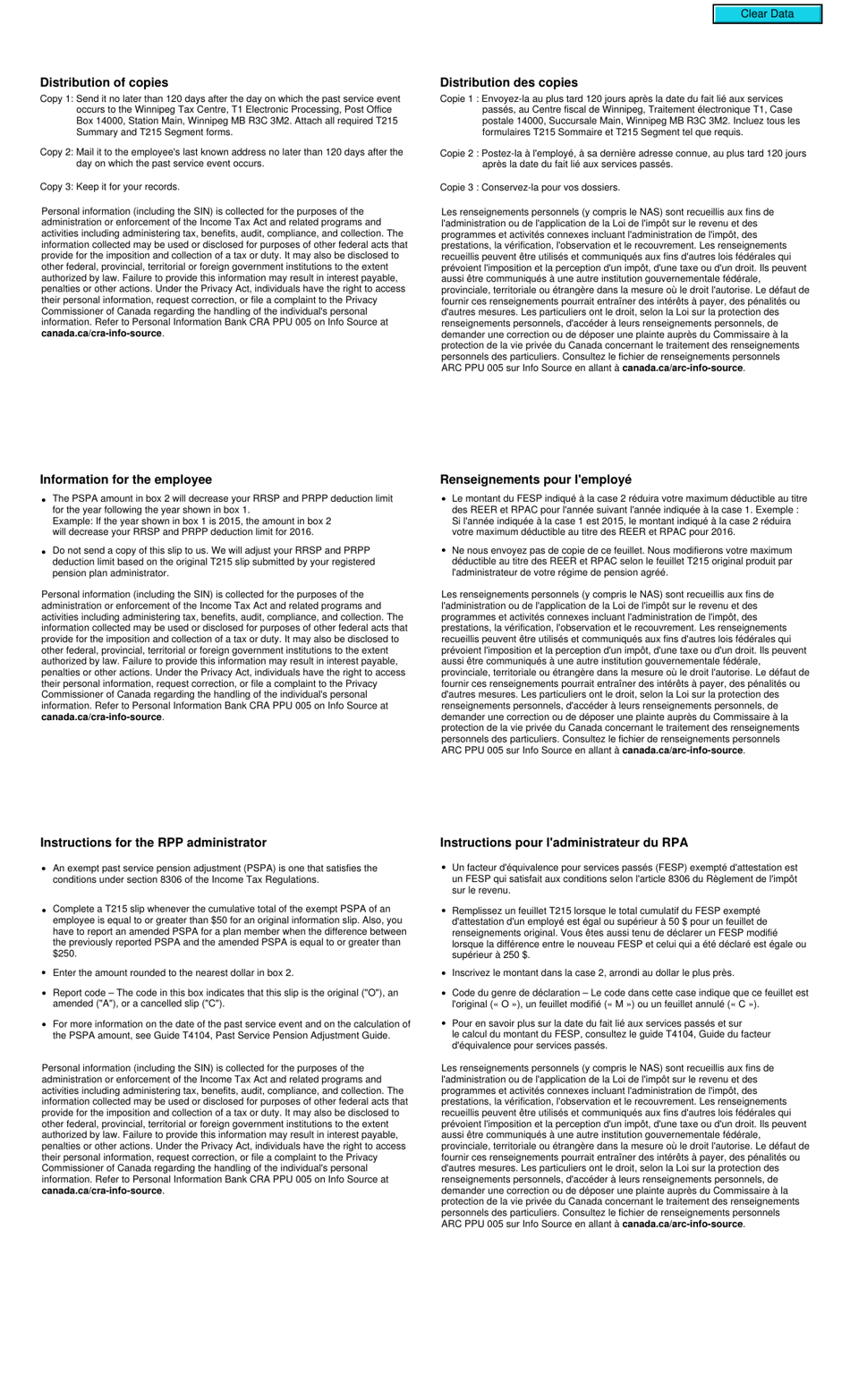 Form T215 Past Service Pension Adjustment (Pspa) Exempt From Certification - Canada (English / French), Page 2