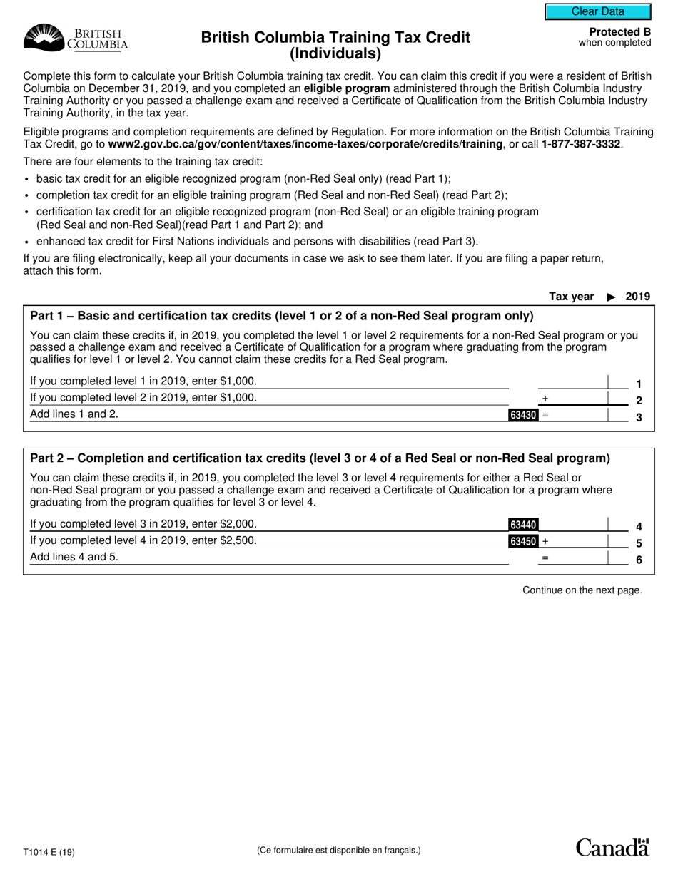 Form T1014 British Columbia Training Tax Credit (Individuals) - Canada, Page 1