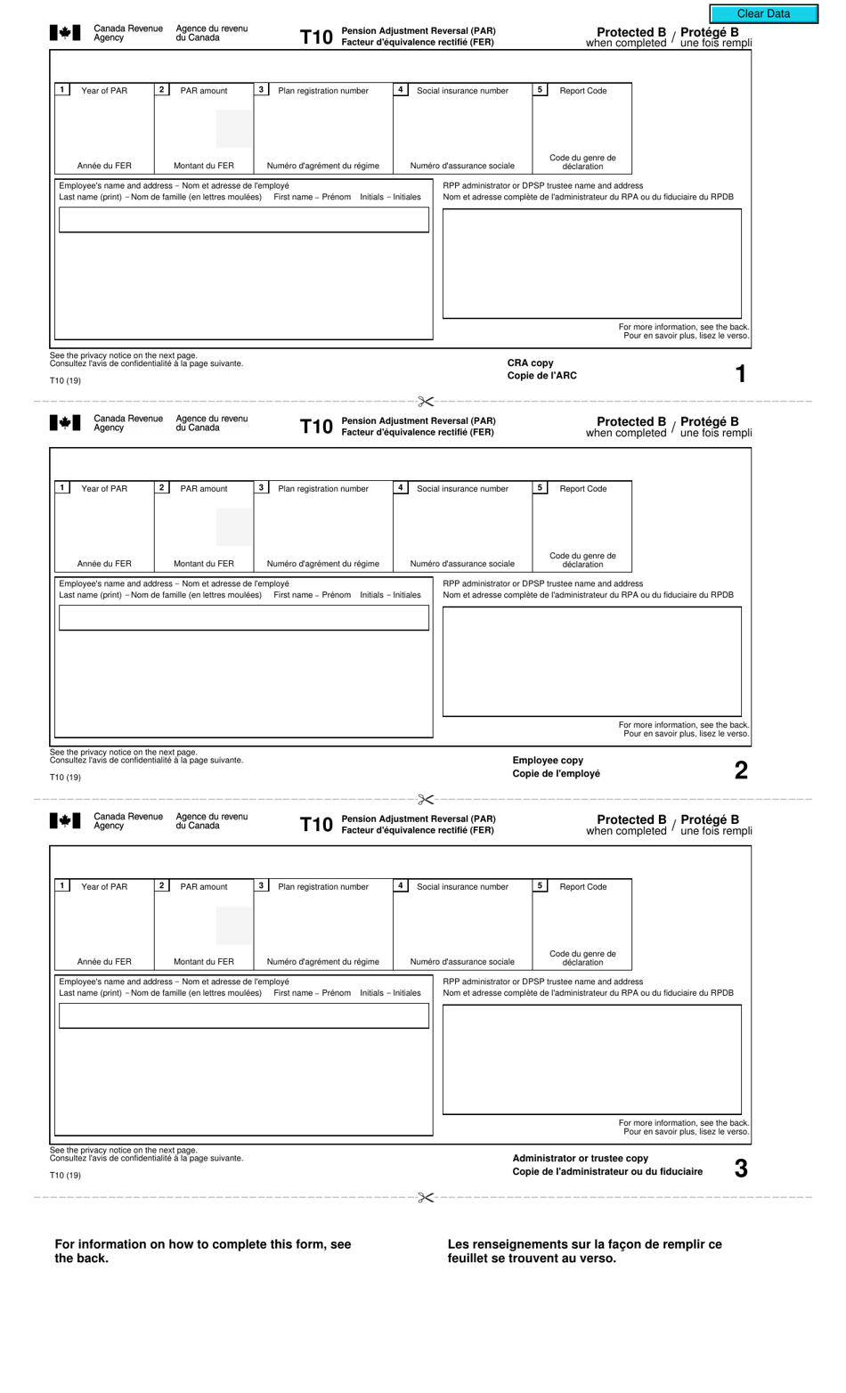 Form T10 Pension Adjustment Reversal (Par) - Canada (English / French), Page 1