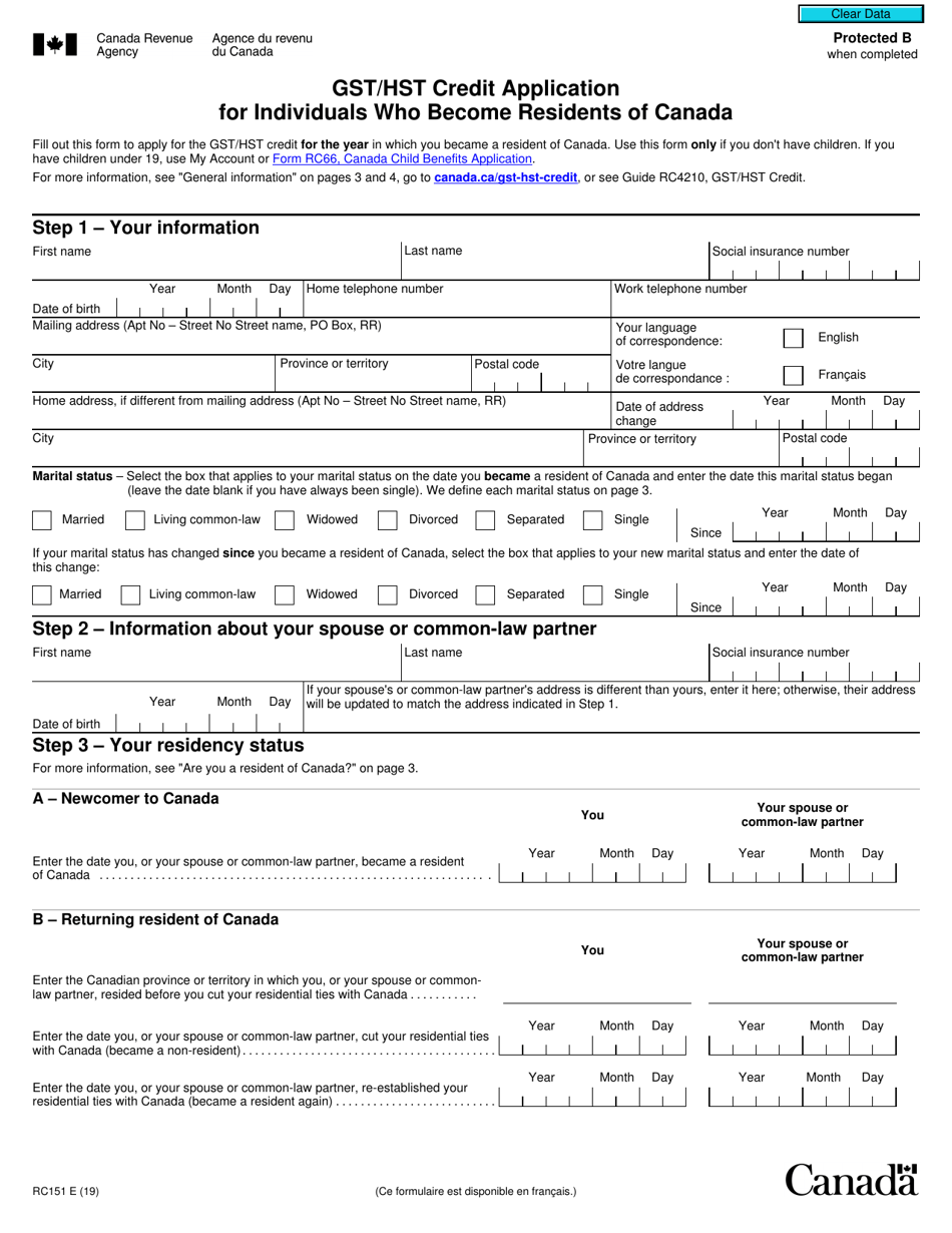 Form RC151 Gst / Hst Credit Application for Individuals Who Become Residents of Canada - Canada, Page 1