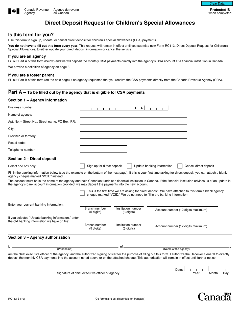 Form RC113 Direct Deposit Request for Childrens Special Allowances - Canada, Page 1
