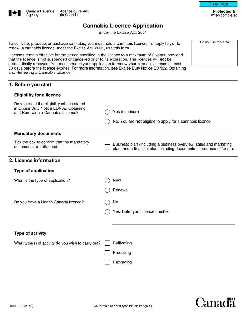 Form L300 Cannabis Licence Application Under the Excise Act, 2001 - Canada, Page 1