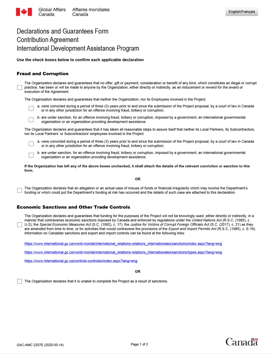 Form GAC-AMC2257E Declarations and Guarantees Form - Contribution Agreement - Canada (English / French), Page 1