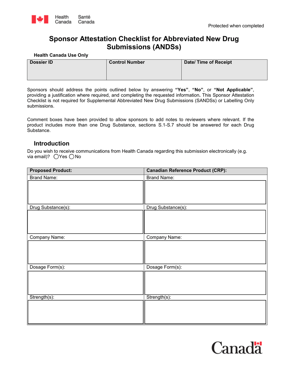 Sponsor Attestation Checklist for Abbreviated New Drug Submissions (Andss) - Canada, Page 1