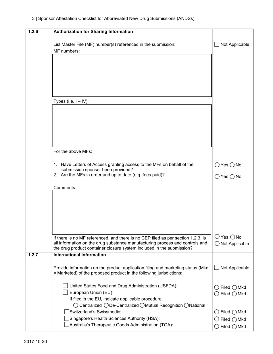 Sponsor Attestation Checklist for Abbreviated New Drug Submissions (Andss) - Canada, Page 3