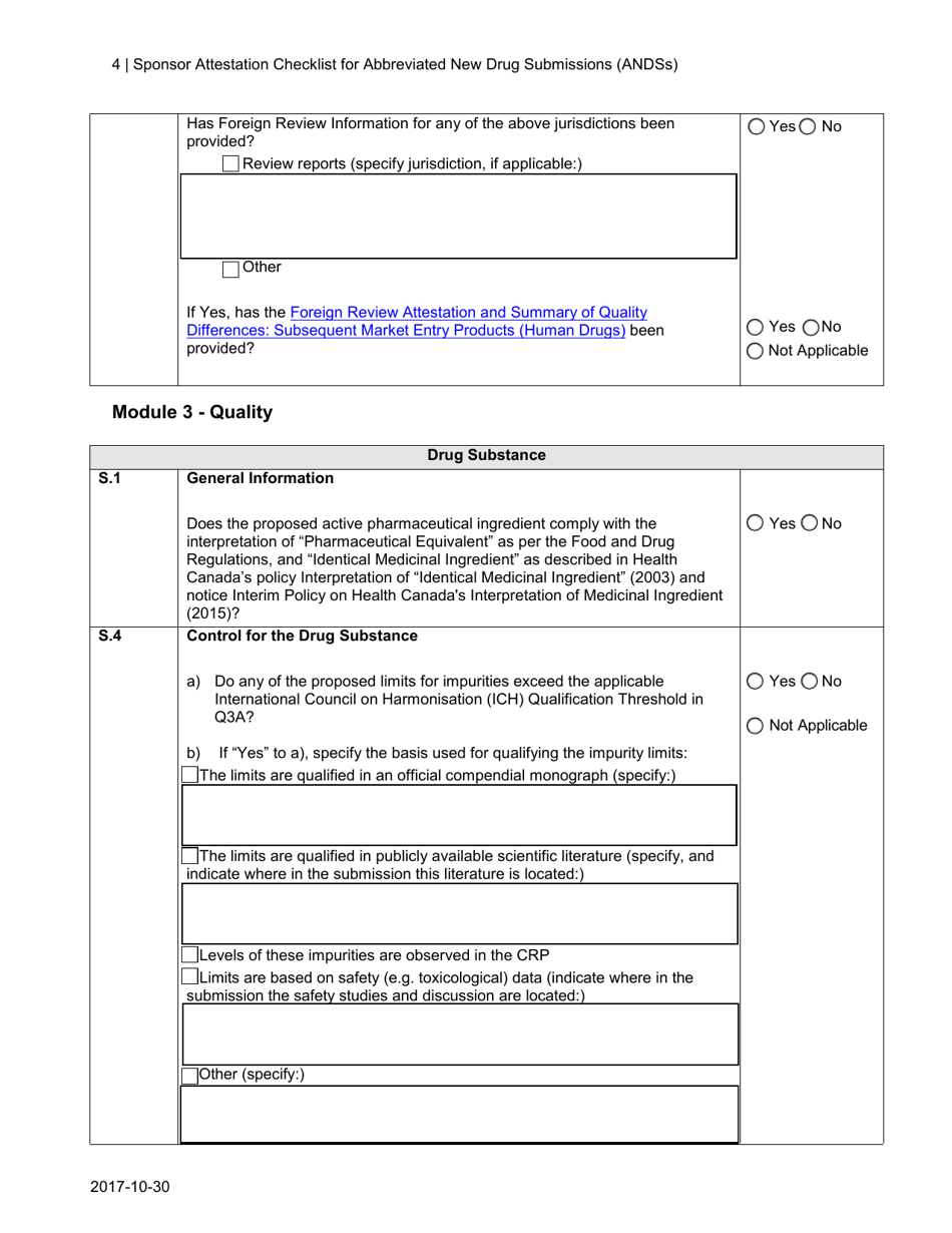 Sponsor Attestation Checklist for Abbreviated New Drug Submissions (Andss) - Canada, Page 4