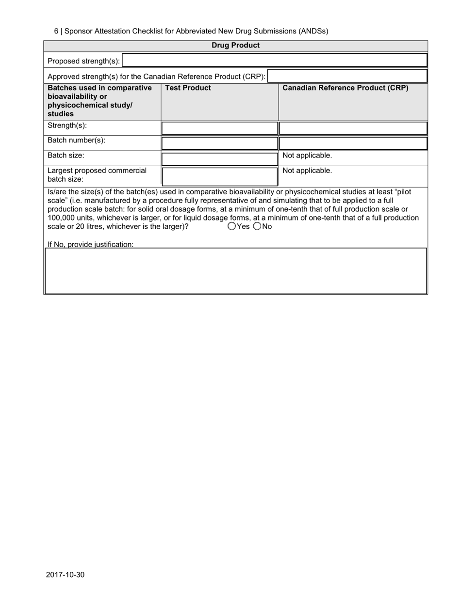 Sponsor Attestation Checklist for Abbreviated New Drug Submissions (Andss) - Canada, Page 6