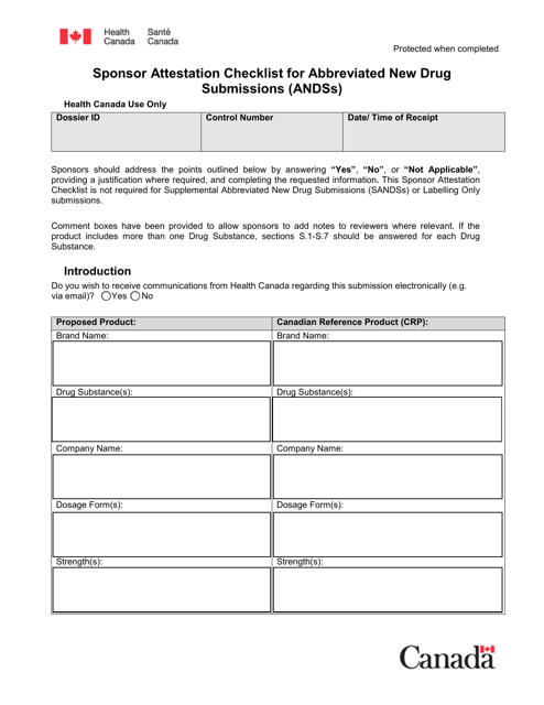 &quot;Sponsor Attestation Checklist for Abbreviated New Drug Submissions (Andss)&quot; - Canada Download Pdf