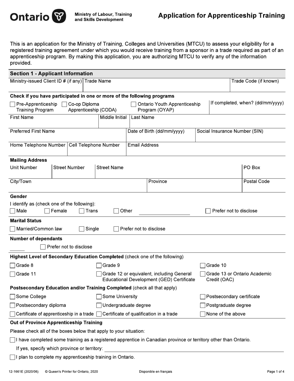 Form 12-1661E Application for Apprenticeship Training - Ontario, Canada, Page 1