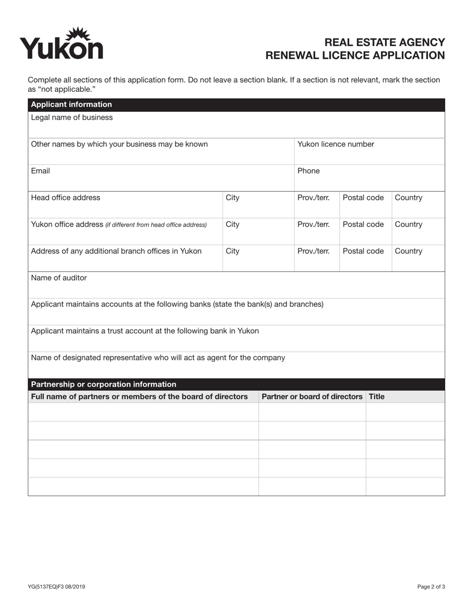 Form YG5137 Real Estate Agency Renewal Licence Application - Yukon, Canada, Page 3