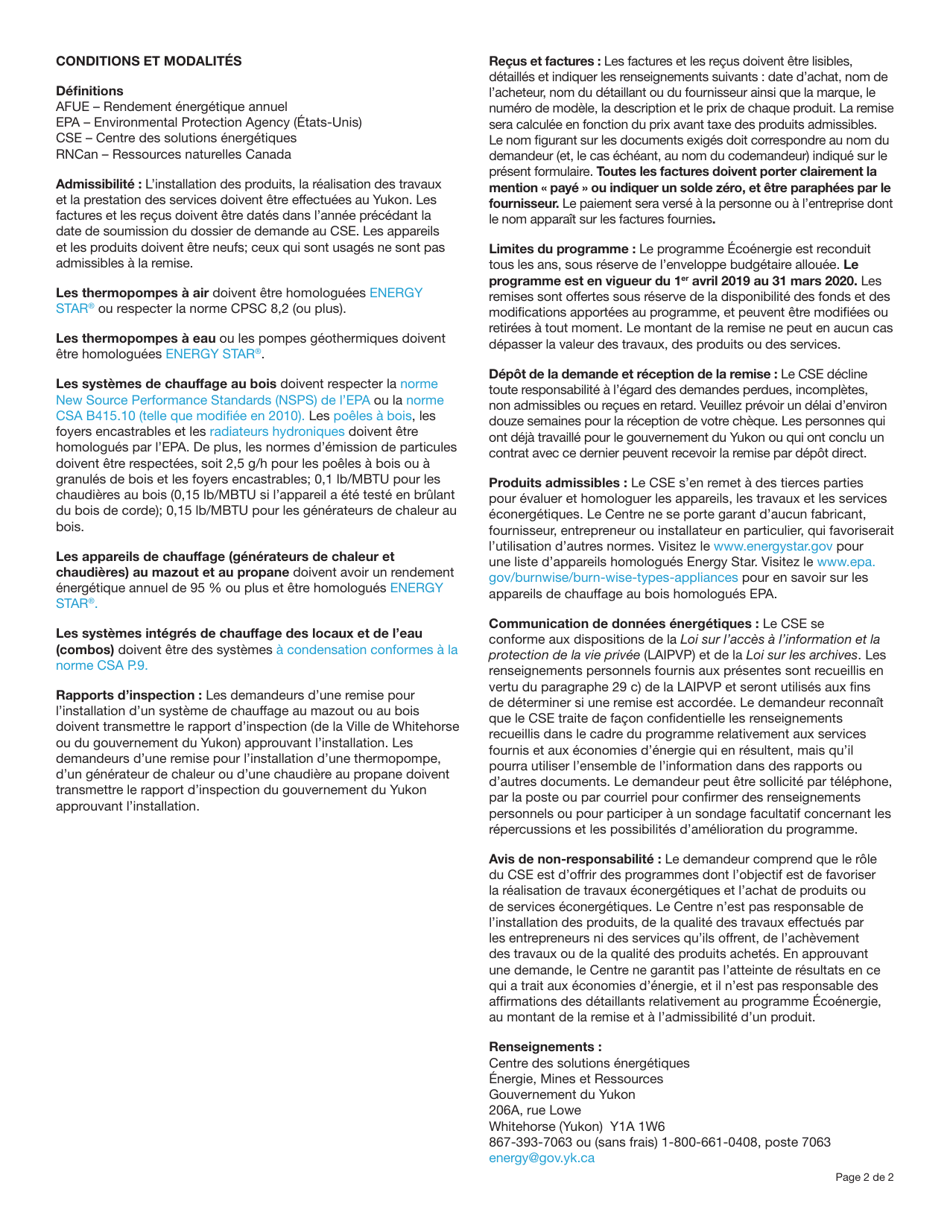Forme YG5830 Demande De Remise Sur Lachat Dun Appareil De Chauffage - Yukon, Canada (French), Page 2