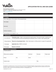 Form YG5605 &quot;Application for Oil and Gas Lease&quot; - Yukon, Canada