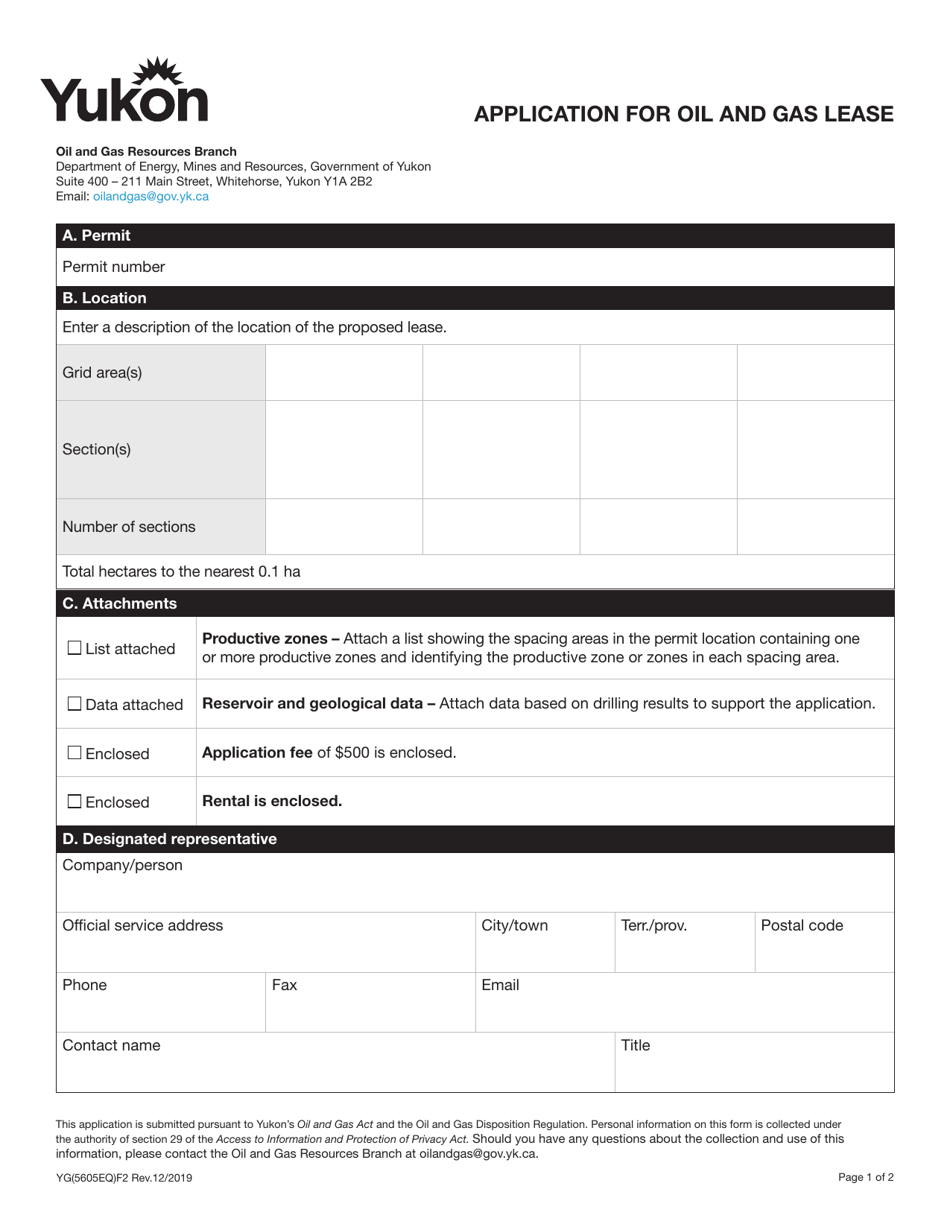 Form YG5605 Application for Oil and Gas Lease - Yukon, Canada, Page 1