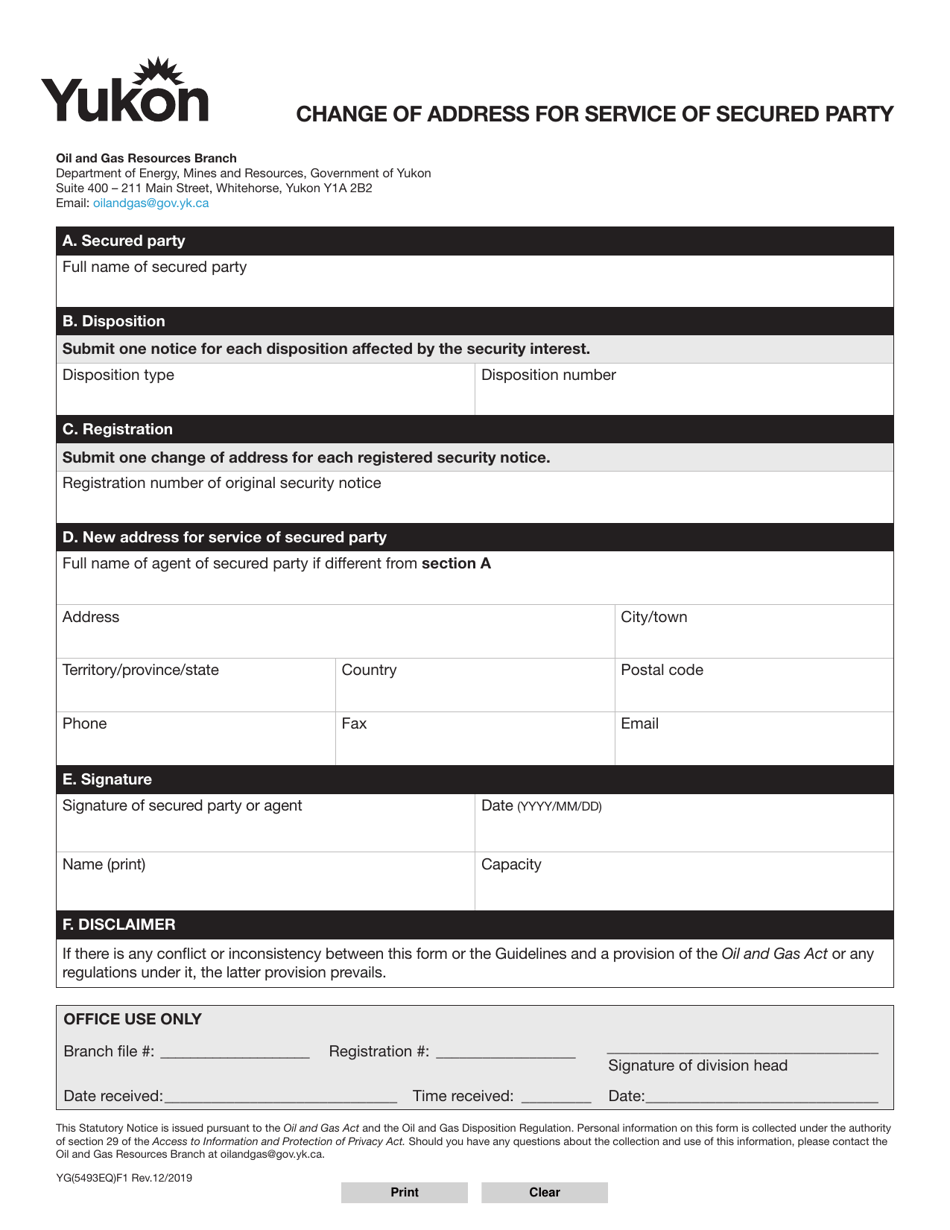 Form YG5493 Change of Address for Service of Secured Party - Yukon, Canada, Page 1