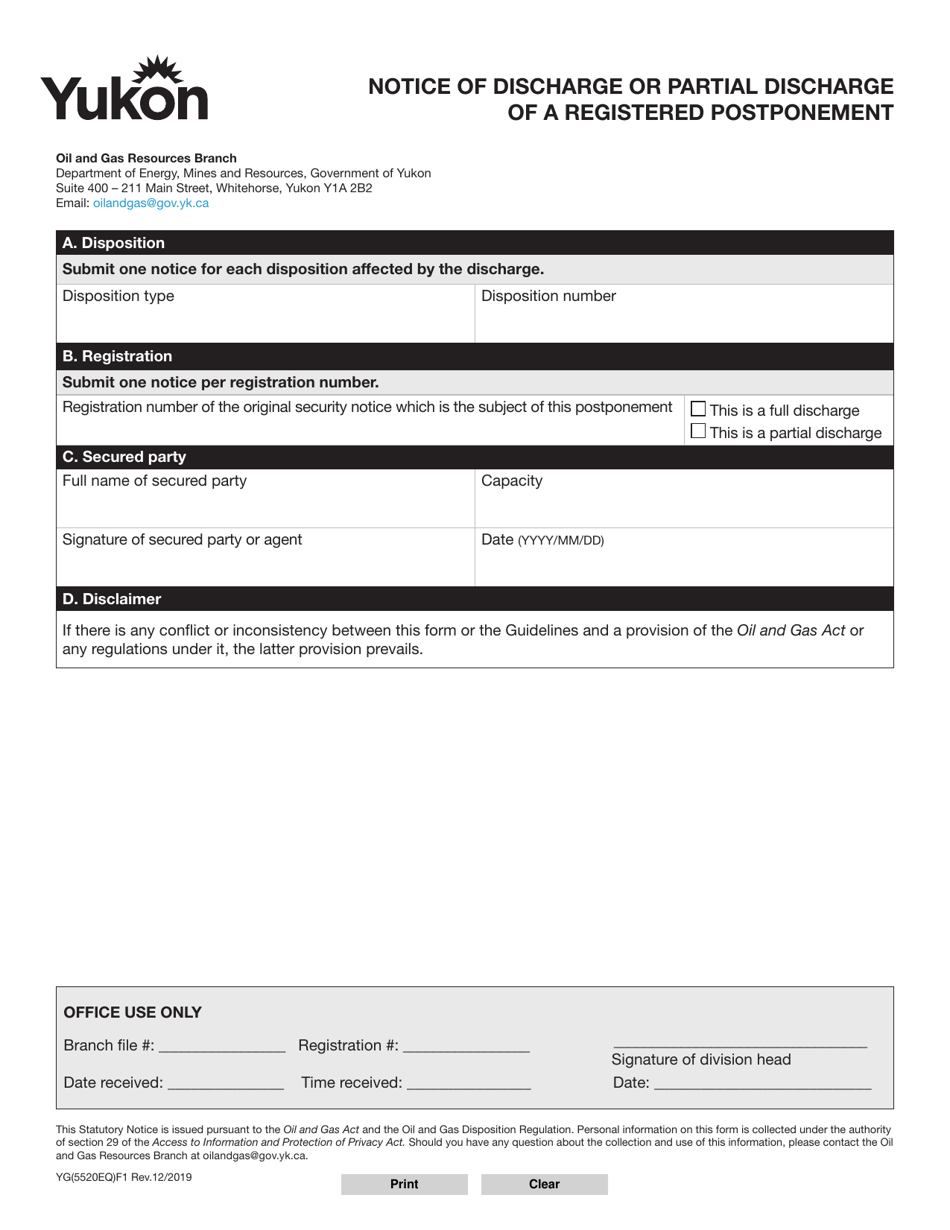 Form YG5520 Notice of Discharge or Partial Discharge of a Registered Postponement - Yukon, Canada, Page 1