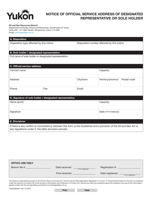 Form YG(5348EQ)F1 Notice of Official Service Address of Designated Representative or Sole Holder - Yukon, Canada