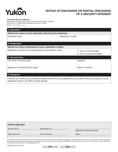 Form YG5494 Notice of Discharge or Partial Discharge of a Security Interest - Yukon, Canada