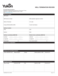 Form YG6498 &quot;Well Termination Record&quot; - Yukon, Canada