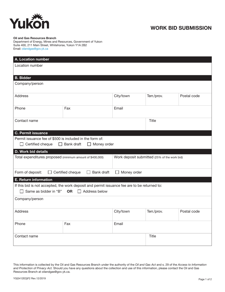 Form YG5412 Work Bid Submission - Yukon, Canada, Page 1