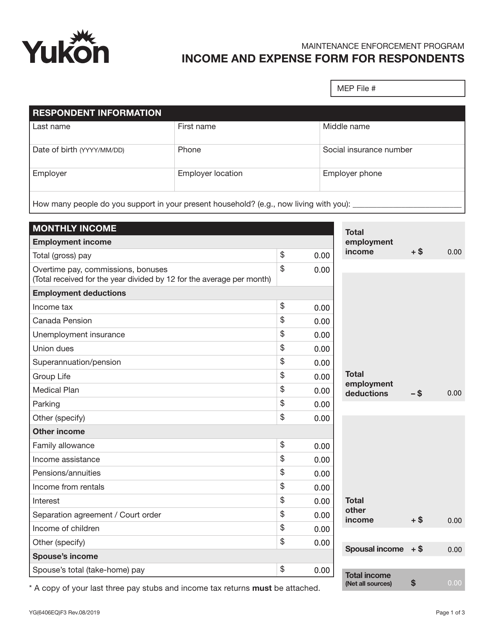 Form YG6406 Income and Expense Form for Respondents - Yukon, Canada