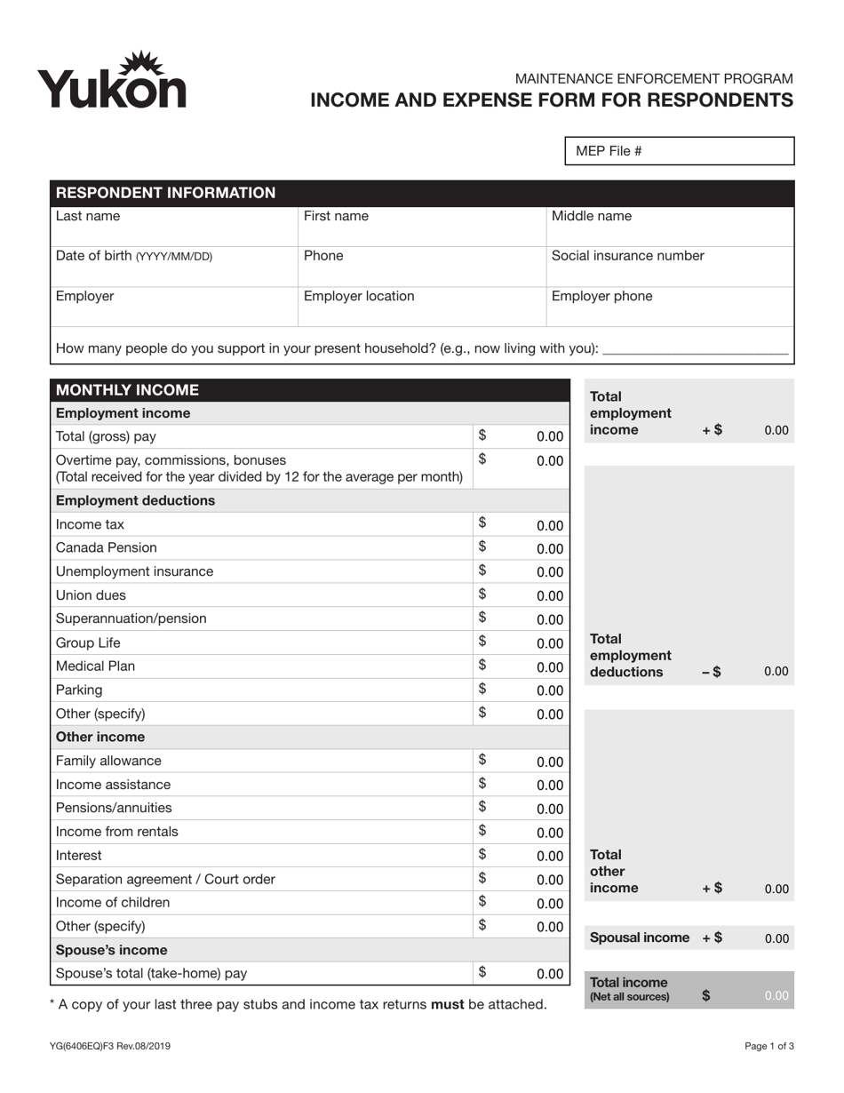 Form YG6406 Income and Expense Form for Respondents - Yukon, Canada, Page 1