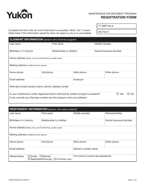 Form YG6401 Maintenance Enforcement Program Registration Form - Yukon, Canada