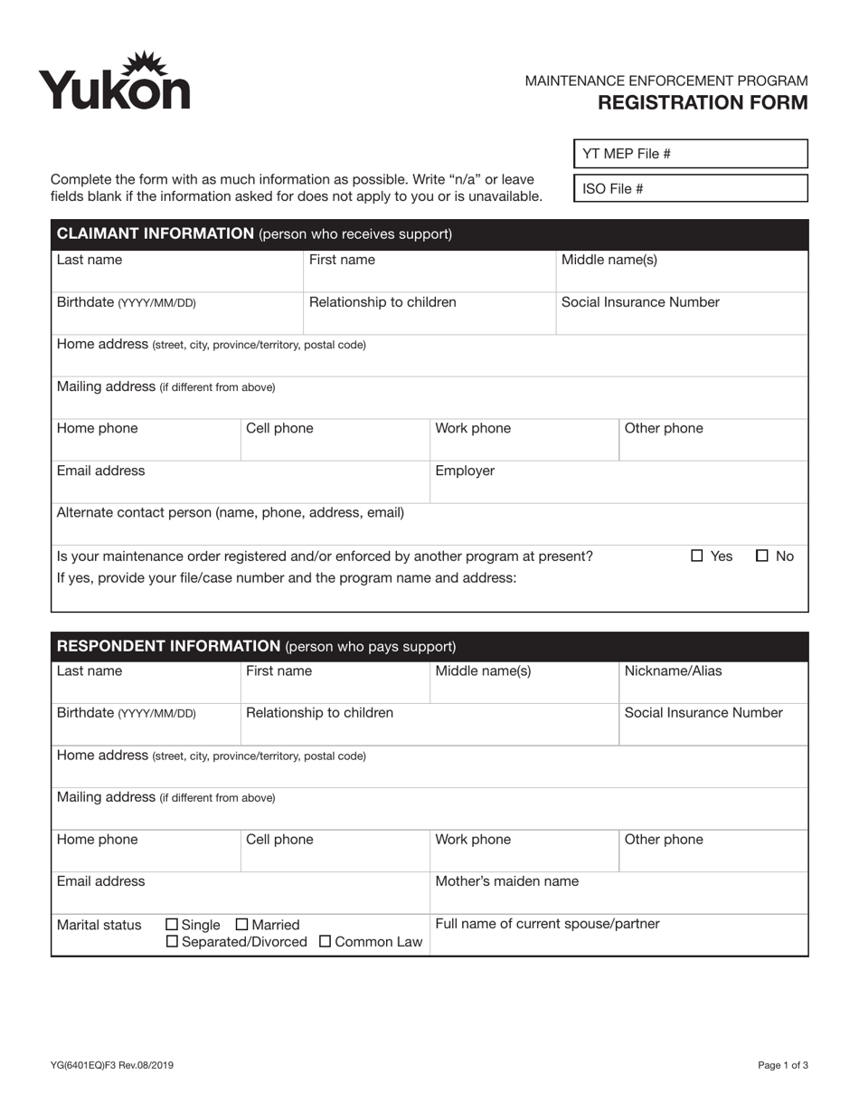 Form YG6401 Maintenance Enforcement Program Registration Form - Yukon, Canada, Page 1