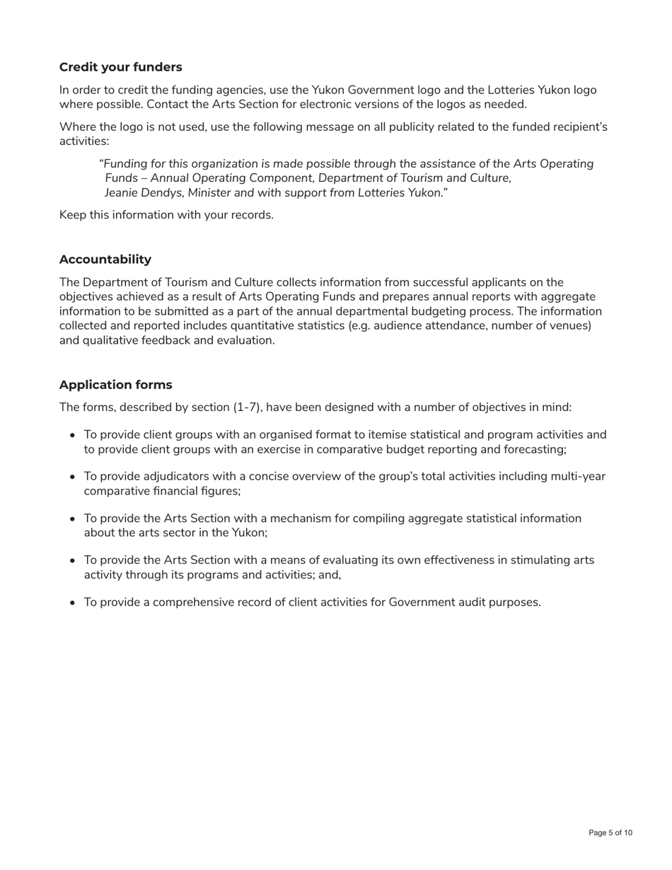 Form YG5801 Arts Operating Funds - Annual Operating Component Application Form - Yukon, Canada, Page 5