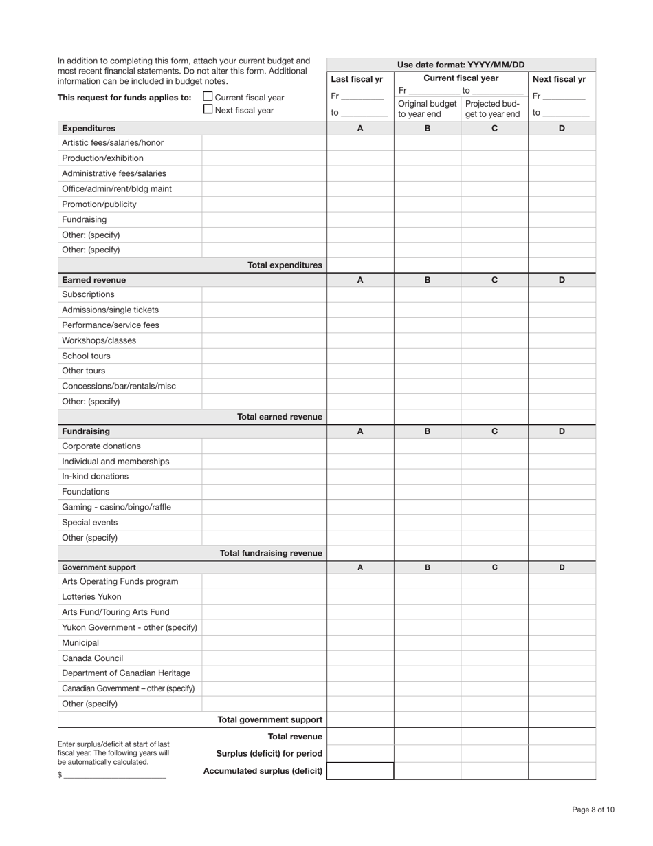 Form YG5801 Arts Operating Funds - Annual Operating Component Application Form - Yukon, Canada, Page 8