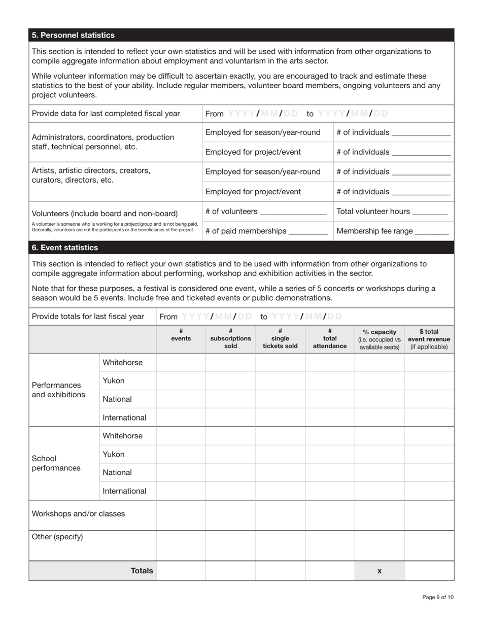 Form YG5801 Arts Operating Funds - Annual Operating Component Application Form - Yukon, Canada, Page 9