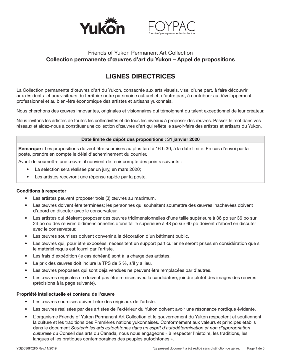 Forme YG5536 Formulaire De Proposition - Collection Permanente Doeuvres Dart Du Yukon - Yukon, Canada (French), Page 1