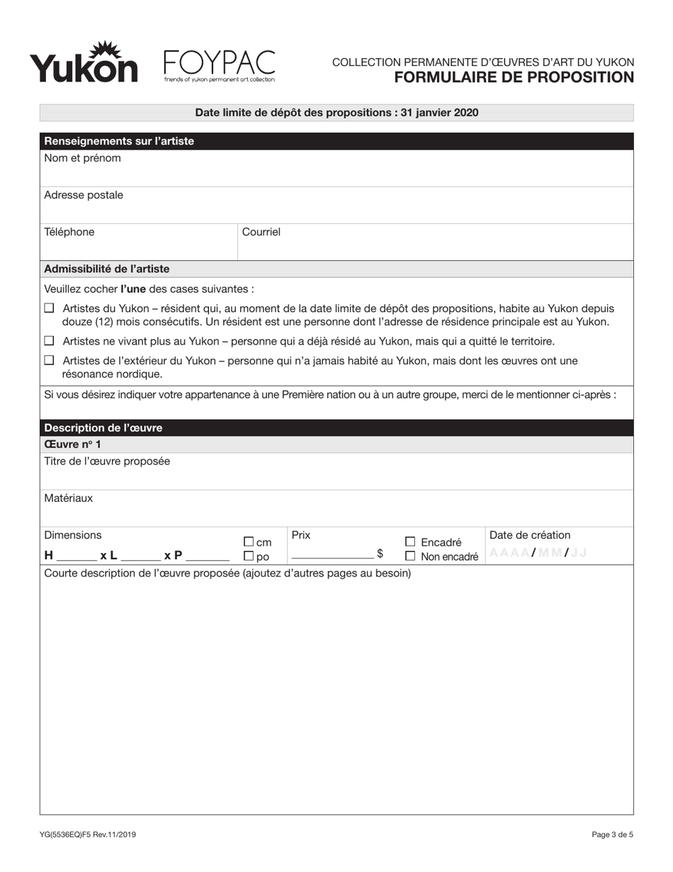 Forme YG5536 Formulaire De Proposition - Collection Permanente Doeuvres Dart Du Yukon - Yukon, Canada (French), Page 3