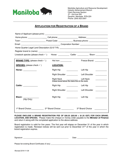 Application for Registration of a Brand - Manitoba, Canada