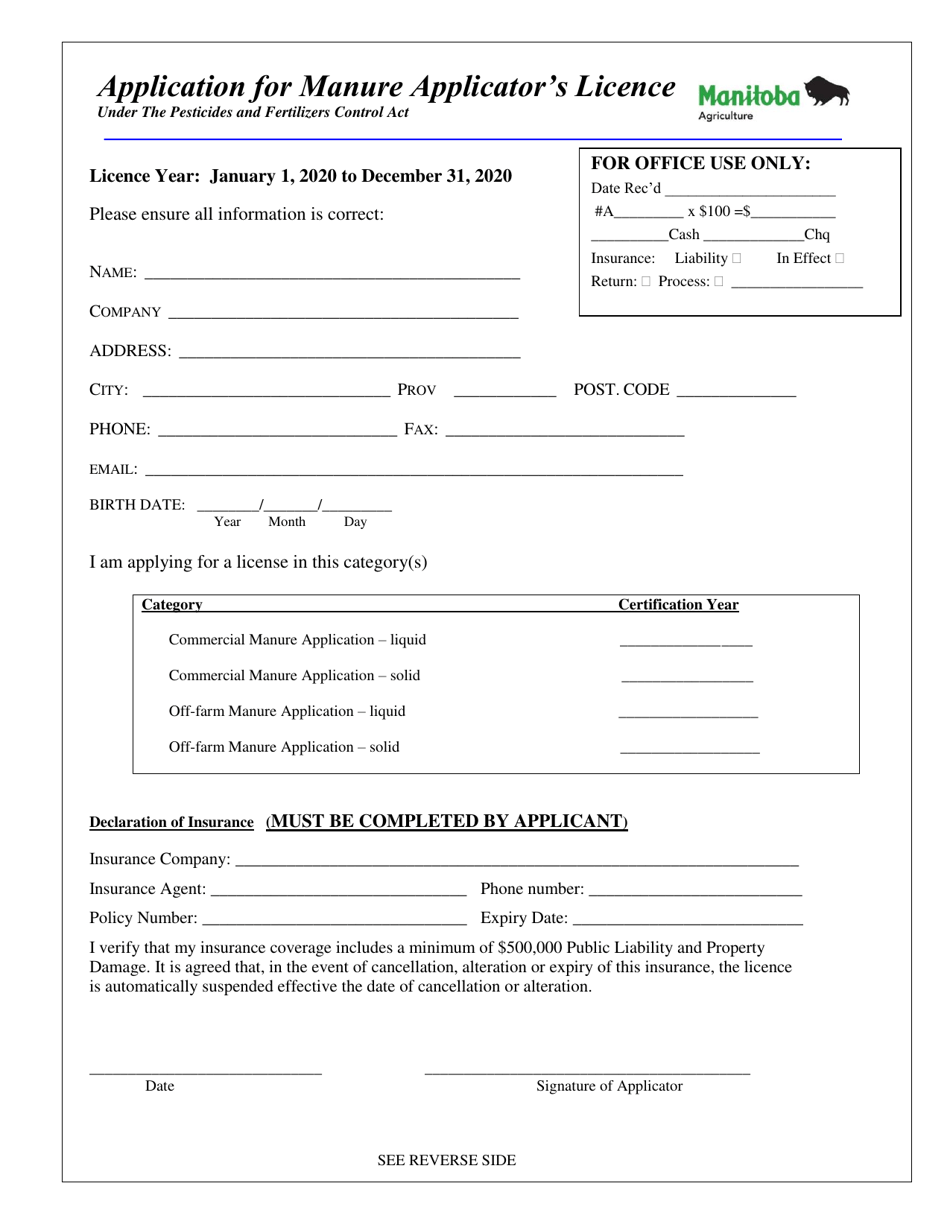 2020-manitoba-canada-application-for-manure-applicator-s-license-fill