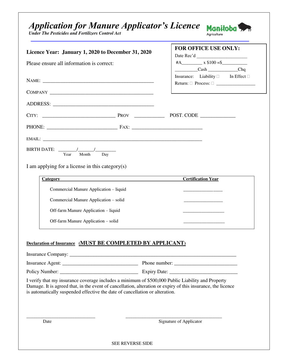 Application for Manure Applicator's License - Manitoba, Canada, Page 1