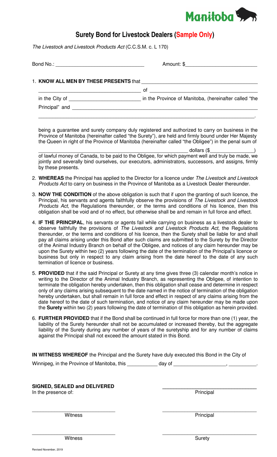 Surety Bond for Livestock Dealers - Sample - Manitoba, Canada, Page 1