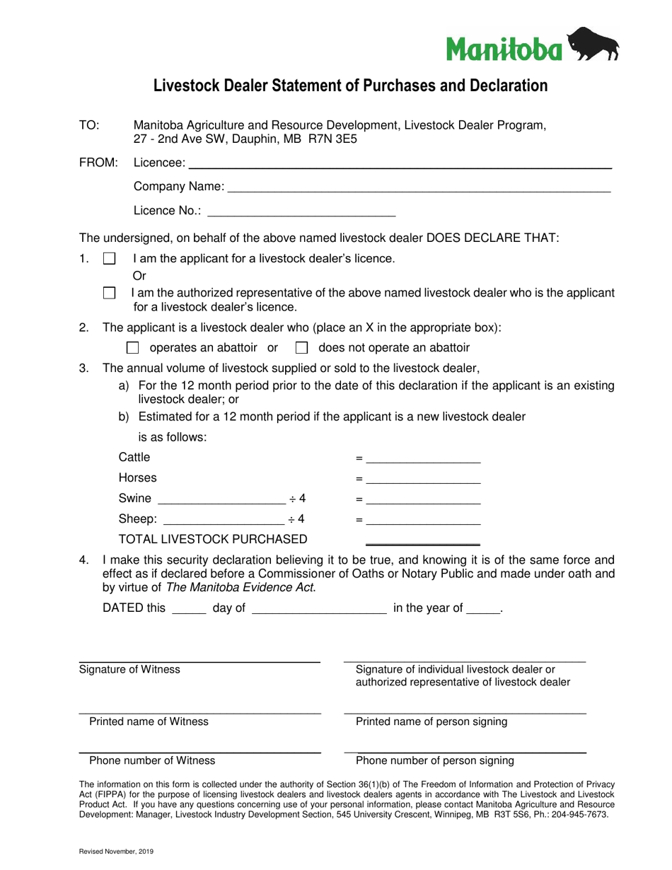 Livestock Dealer Statement of Purchases and Declaration - Manitoba, Canada, Page 1