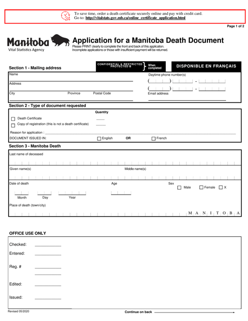 Application for a Manitoba Death Document - Manitoba, Canada Download Pdf