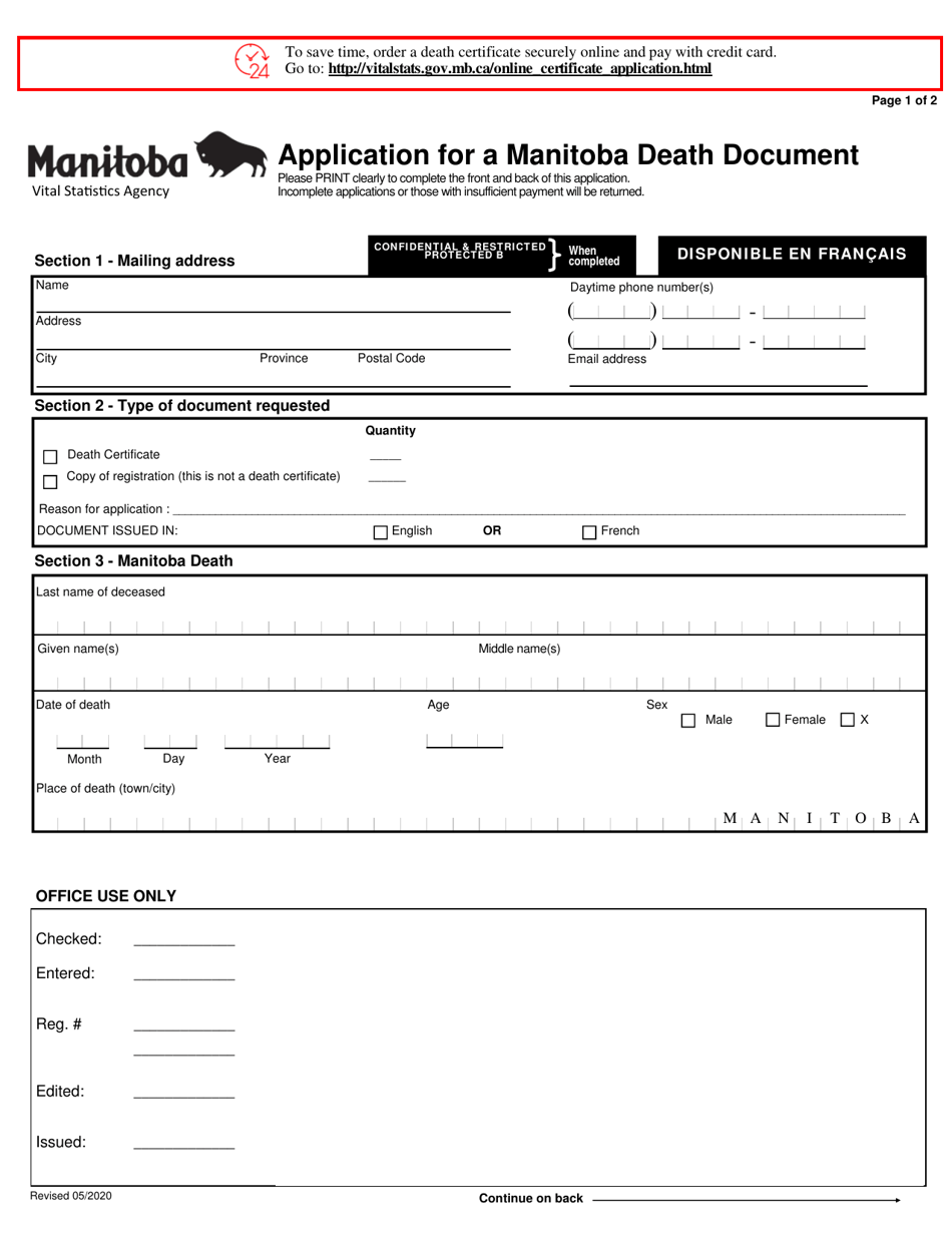 Application for a Manitoba Death Document - Manitoba, Canada, Page 1