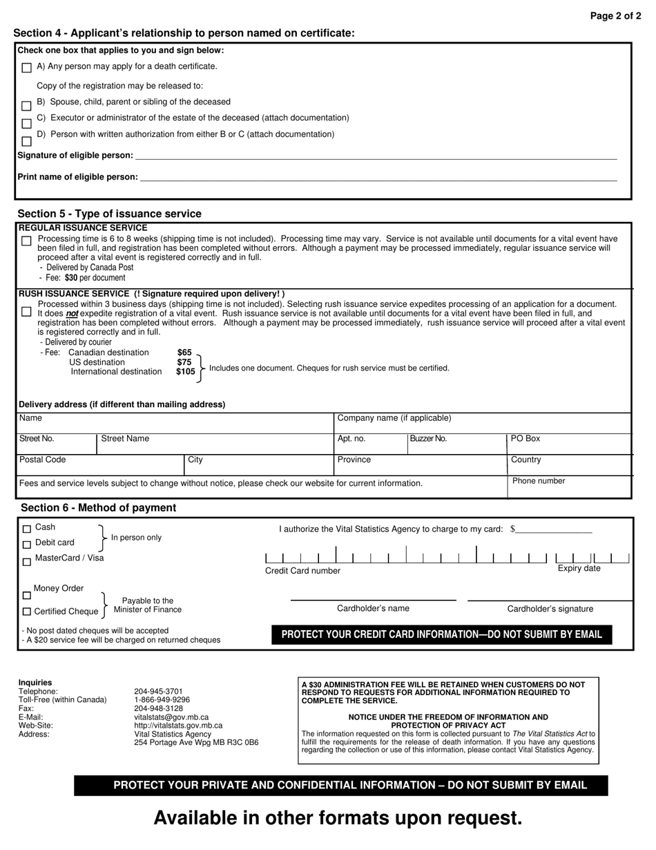 Application for a Manitoba Death Document - Manitoba, Canada, Page 2