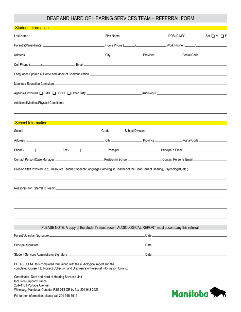 Deaf and Hard of Hearing Services Team - Referral Form - Manitoba, Canada, Page 1