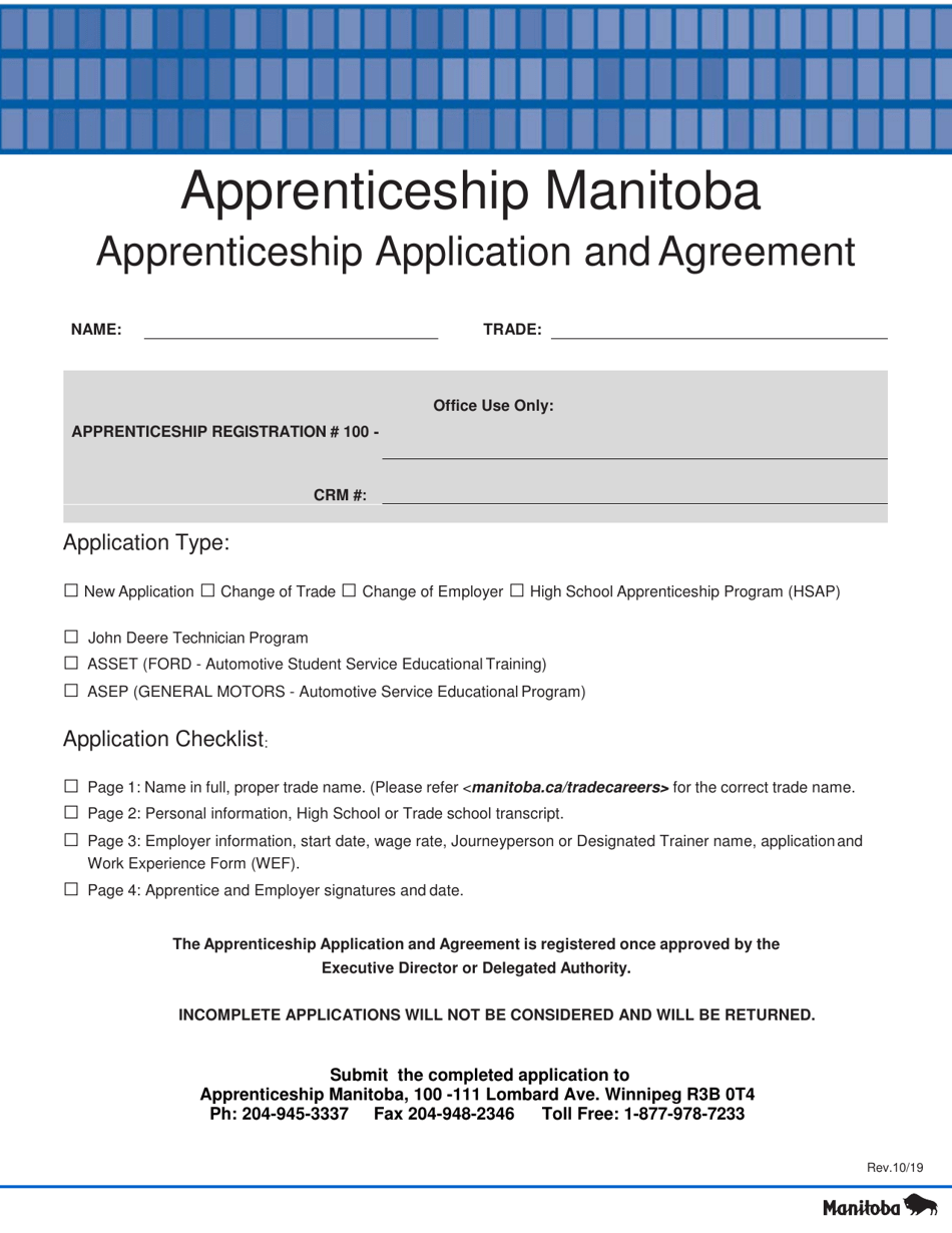 Manitoba Canada Apprenticeship Application and Agreement Fill Out