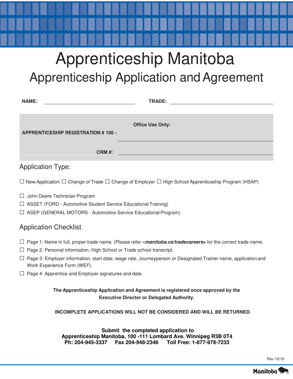 Apprenticeship Application and Agreement - Manitoba, Canada, Page 1