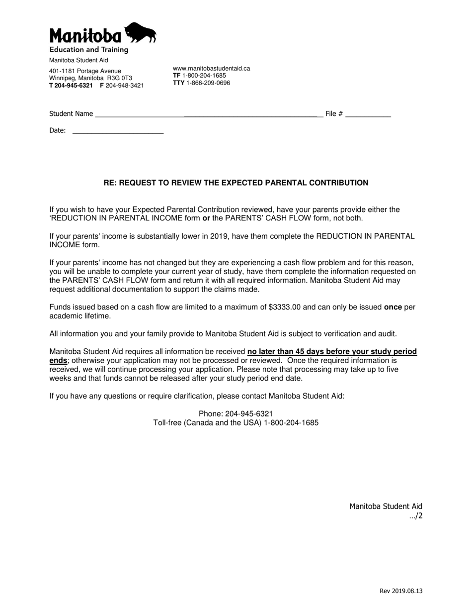 Request to Review Expected Parental Contribution - Manitoba, Canada, Page 1