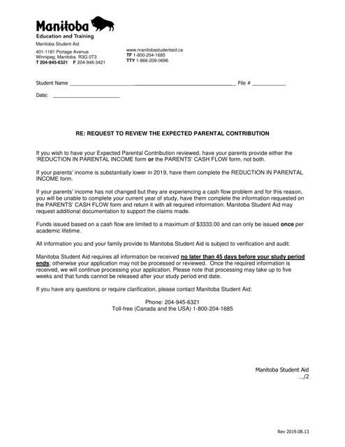 Request to Review Expected Parental Contribution - Manitoba, Canada Download Pdf