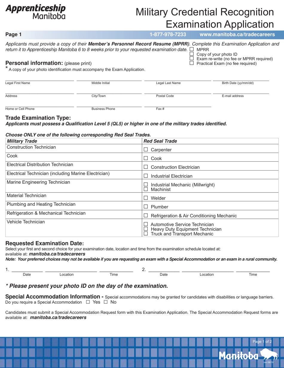 Military Credential Recognition Examination Application - Manitoba, Canada, Page 1