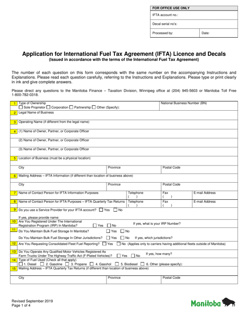 Application for International Fuel Tax Agreement (Ifta) Licence and Decals - Manitoba, Canada