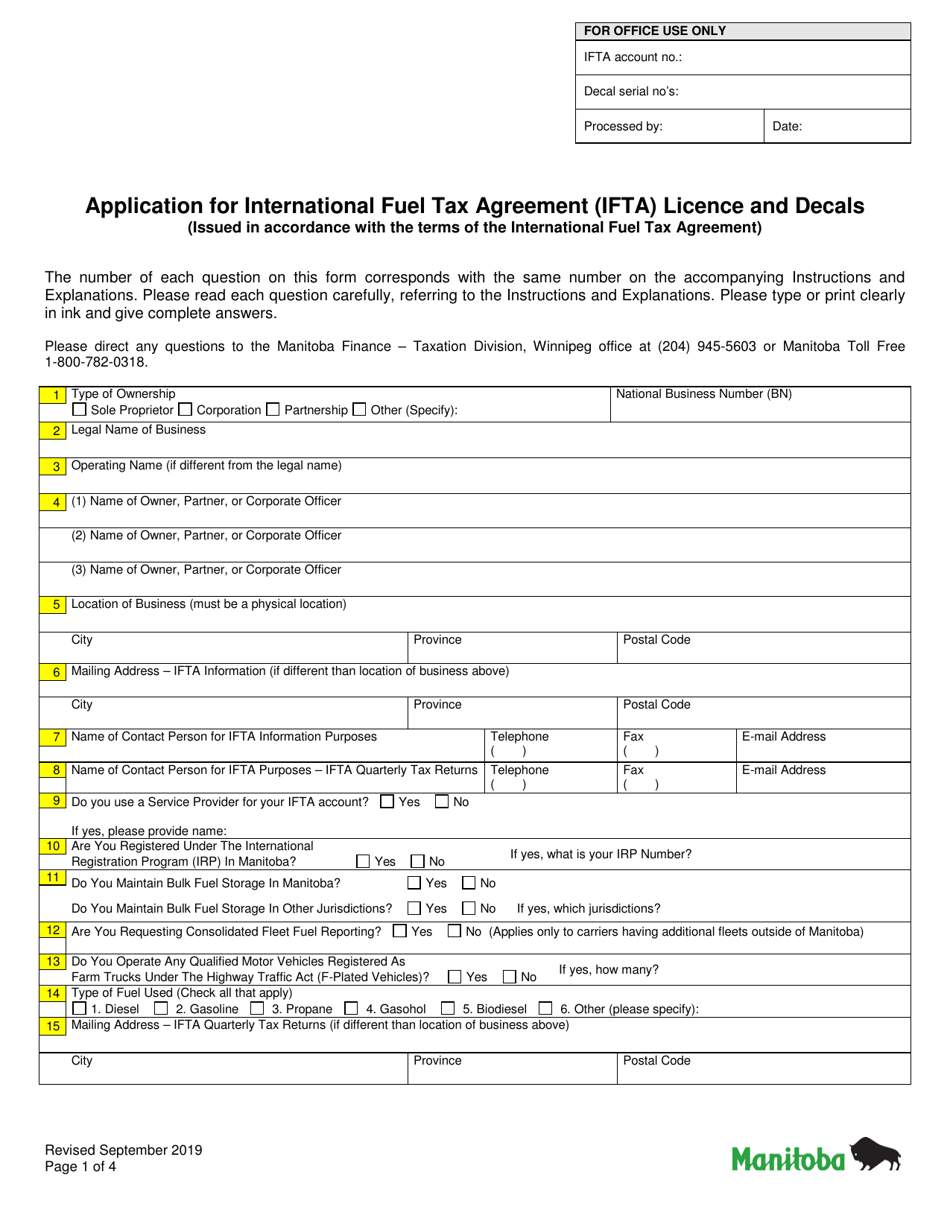 Application for International Fuel Tax Agreement (Ifta) Licence and Decals - Manitoba, Canada, Page 1