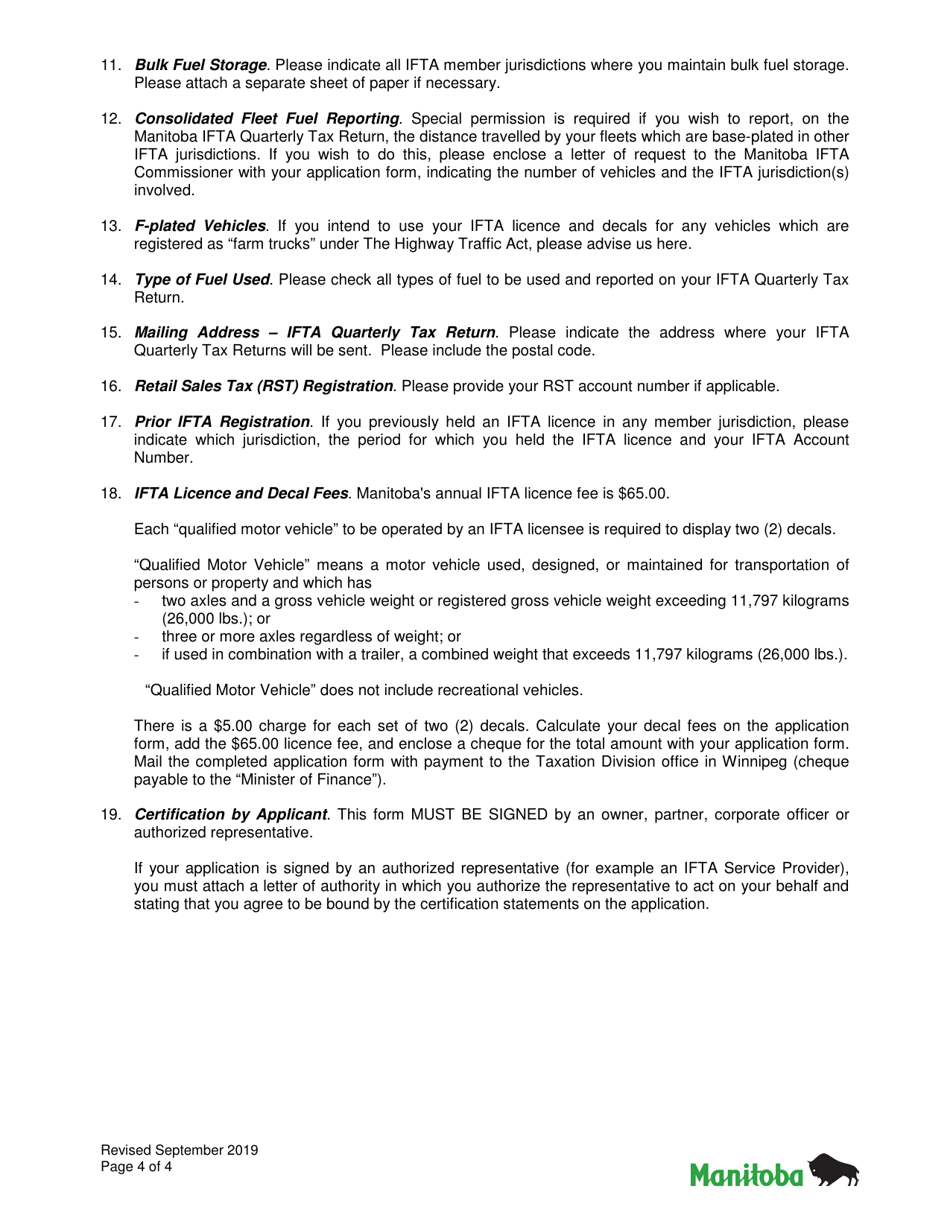 Application for International Fuel Tax Agreement (Ifta) Licence and Decals - Manitoba, Canada, Page 4