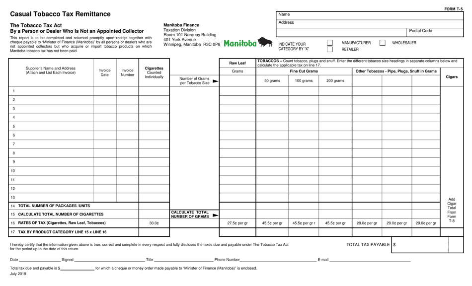Form T-5 Casual Tobacco Tax Remittance - Manitoba, Canada, Page 1